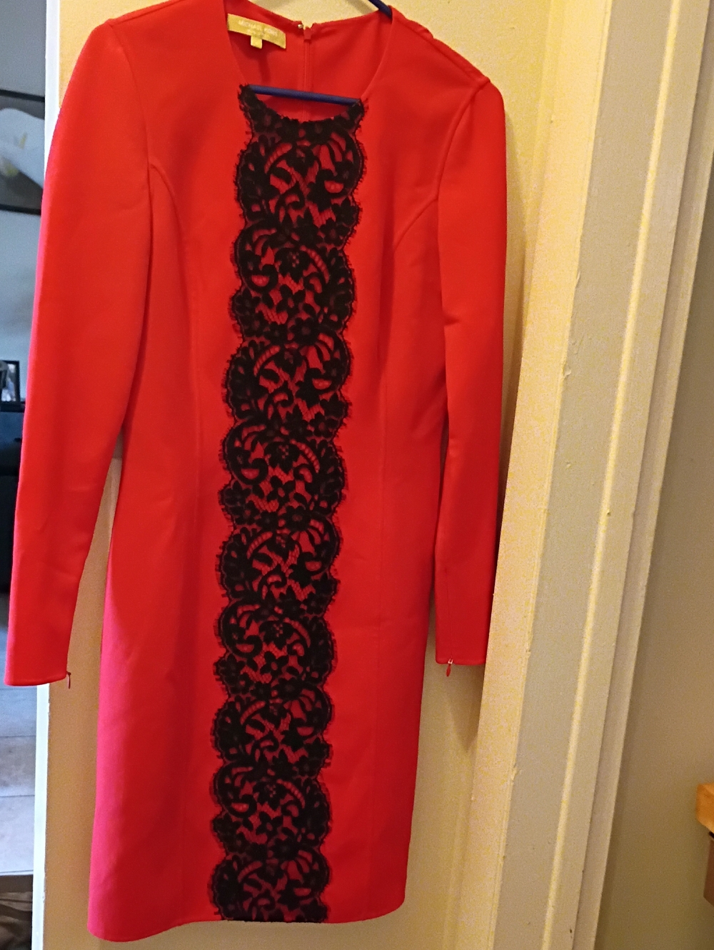 Michael Kors Red Long-Sleeve Dress with Black Lace Trim